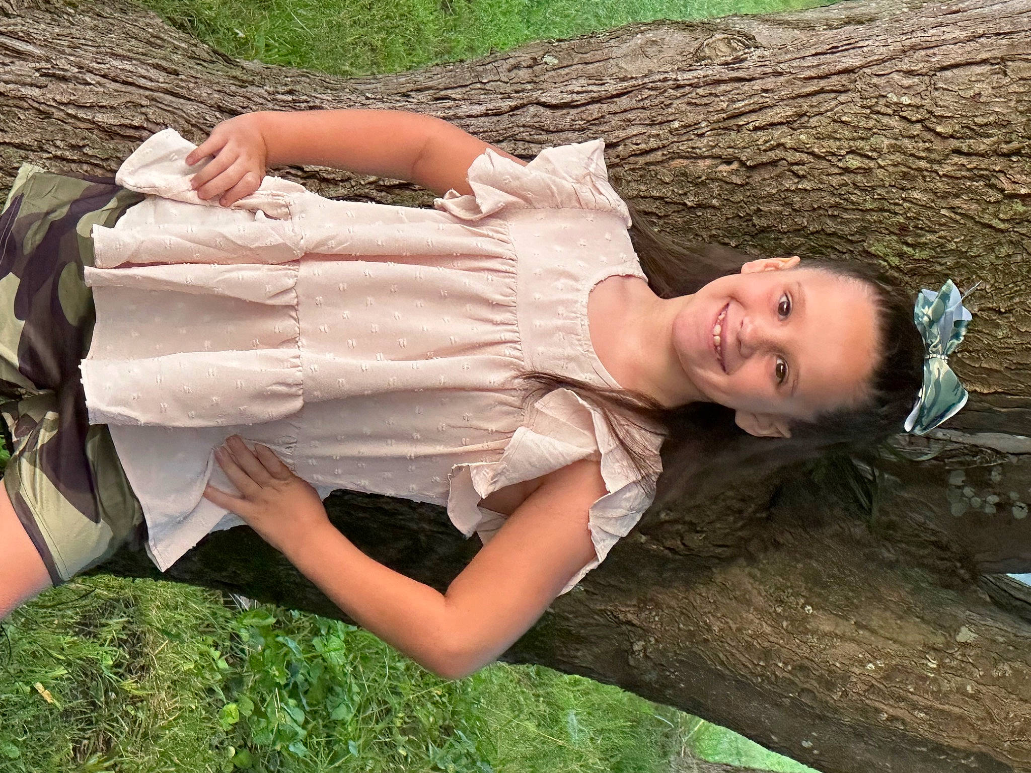 Aleigha joined the competition — help win amazing prizes! abdomen, flash_photography, fun, gesture, grass, happy, human_leg, joy, landscape, leisure, people_in_nature, person, plant, sitting, skin, smile, thigh, tree, trunk, wood