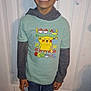 child, boy, smiling, standing, shirt, pikachu, clothing, door, indoors, casual, celebration, happy, jeans, person, youth, portrait, hair, hand, feet, floor