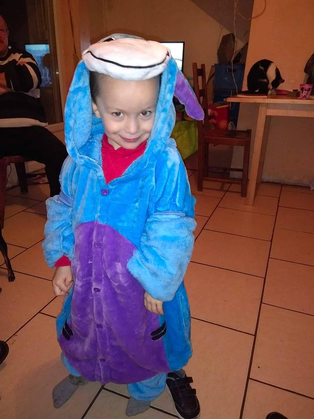 Alaric participe au concours pour gagner de l'argent avec cette photo : chair, child, clothing, cosplay, costume, electric_blue, event, fashion_accessory, fashion_design, flooring, fun, happy, joy, outerwear, person, purple, recreation, sandal, smile, table