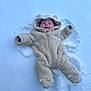 child, baby, infant, snow, winter, snowsuit, onesie, hood, bear_ears, outdoor, lying_down, snow_angel, smile, rosy_cheeks, cozy, warm_clothing, footprints, white_background, cold, cute