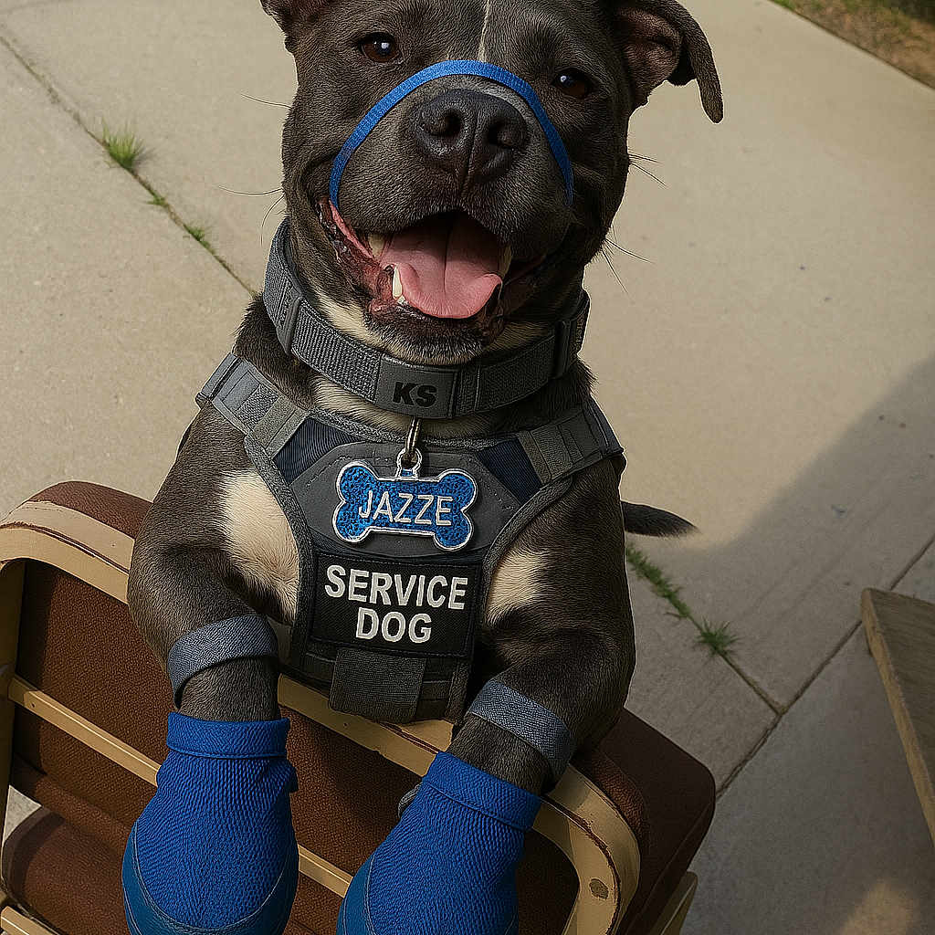 Jazze is registered to the contest to win money with this photo: animal, blue_booties, canine, chair, collar, concrete, cute, dog, ears, friendly, grass, happy, harness, leash, outdoor, pet, service_dog, smiling, tag, tongue_out