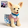 Princess Sweet Pea joined the competition — help win amazing prizes! blue, checkered, clothing, collar, comparison, cute, dog, dress, leash, outdoor, pavement, pet, pink, plush, real_dog, skirt, small_dog, studio_photo, stuffed_animal, toy