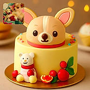 Gunner joined the competition — help win amazing prizes! cake, dog_topper, bear_figure, puppy, stuffed_toy, dessert, food_art, colorful, cute, sweet, fondant, decoration, orange_slice, red_balls, green_leaves, table, background, closeup, photo_inset, toy