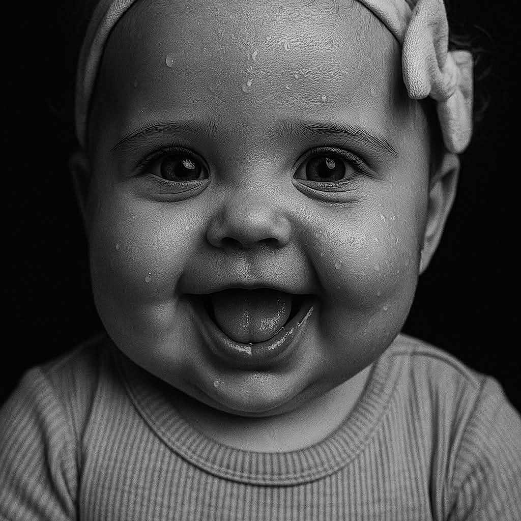 Emma participe au concours pour gagner de l'argent avec cette photo : baby, black_and_white, child, close_up, clothing, cute, expression, face, happy, headband, infant, monochrome, person, portrait, smiling, studio, texture, tongue, water_droplets, young
