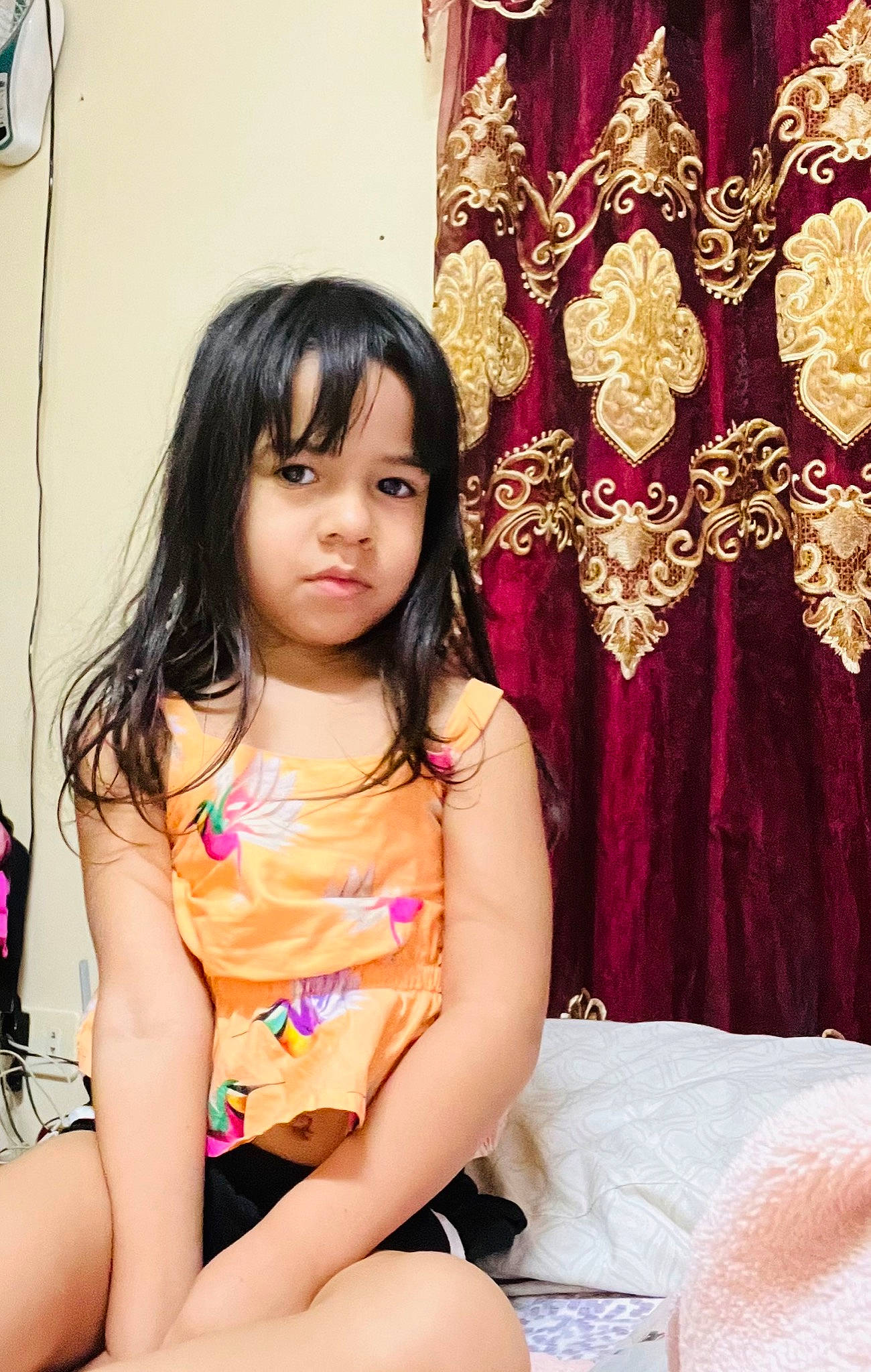 Isabella joined the competition — help win amazing prizes! abdomen, beauty, black_hair, finger, happy, human_leg, knee, leg, leisure, long_hair, magenta, pattern, person, pink, sitting, skin, thigh, toddler, trunk, undergarment