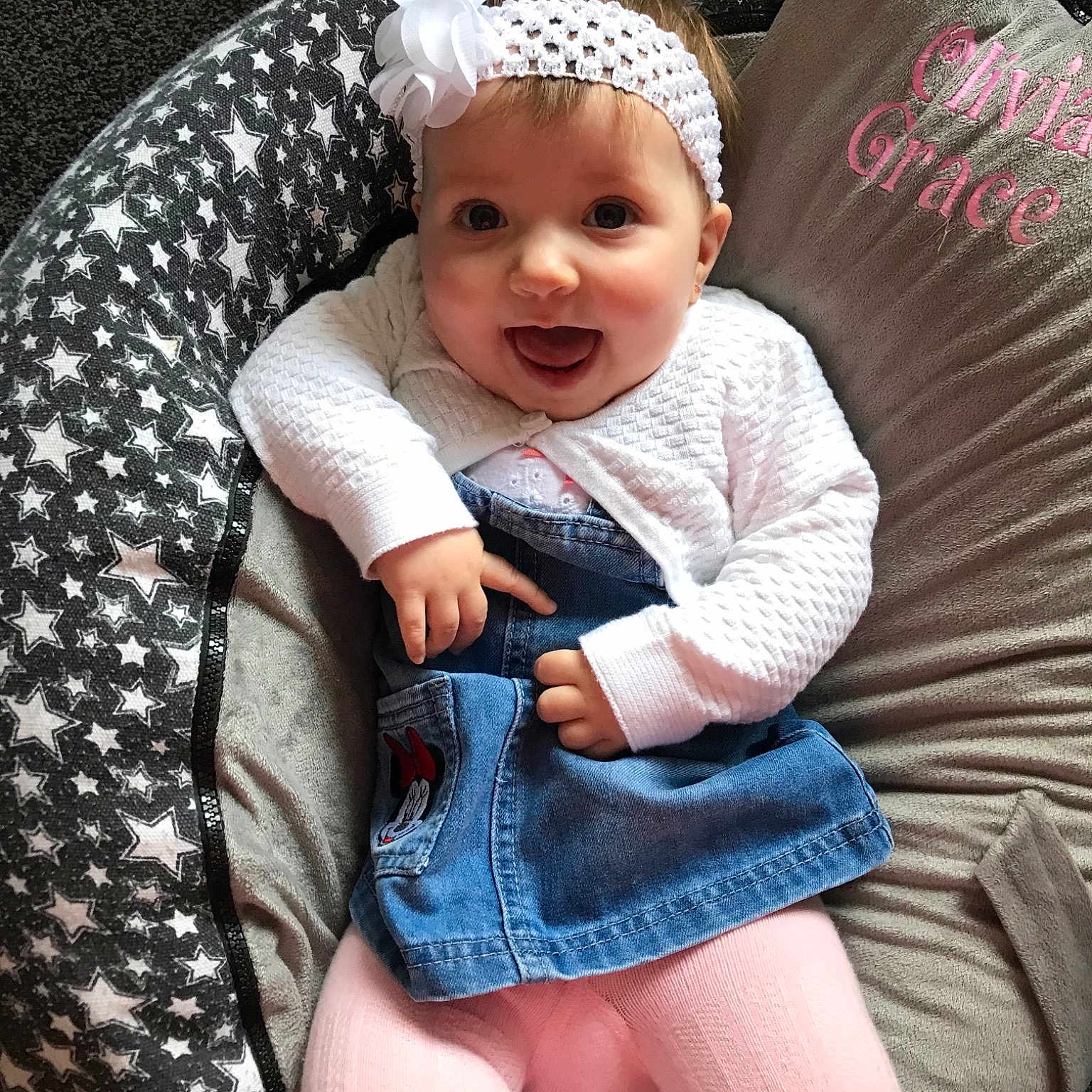 Olivia Grace joined the competition — help win amazing prizes! baby, cheek, child, hair_accessory, headgear, leg, person, product, sitting, smile, toddler