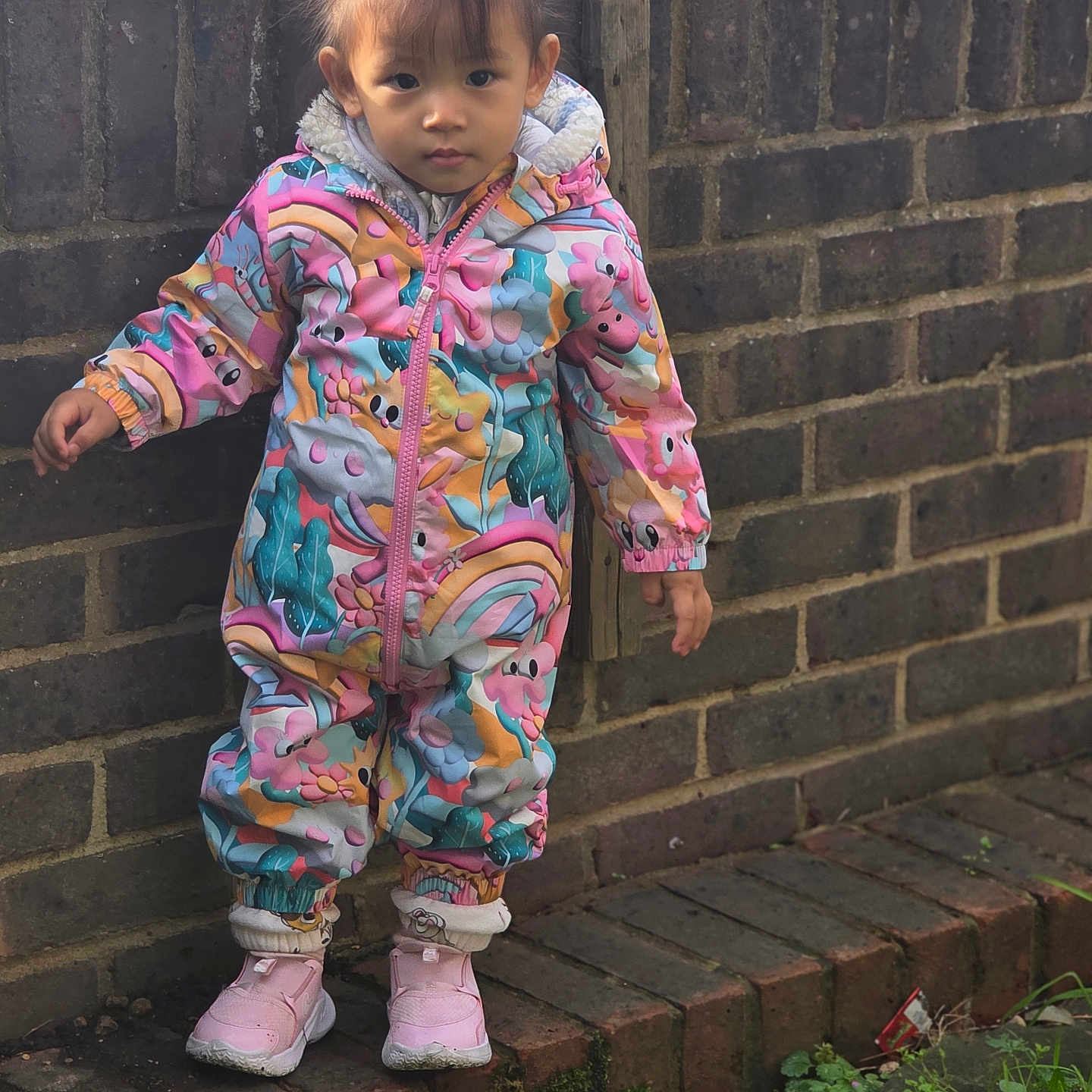 Araya joined the competition — help win amazing prizes! brick_wall, casual, child, colorful_clothing, cute, daylight, expression, fashion, grass, jumpsuit, outdoor, person, pigtails, pink_sneakers, plants, portrait, sidewalk, standing, toddler, young_child