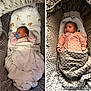 baby, infant, blanket, pacifier, sleeping, awake, cushion, soft_texture, animal_print, cozy, cute, child, newborn, wrapped, bed, portrait, indoors, pink_clothing, lying_down, collage