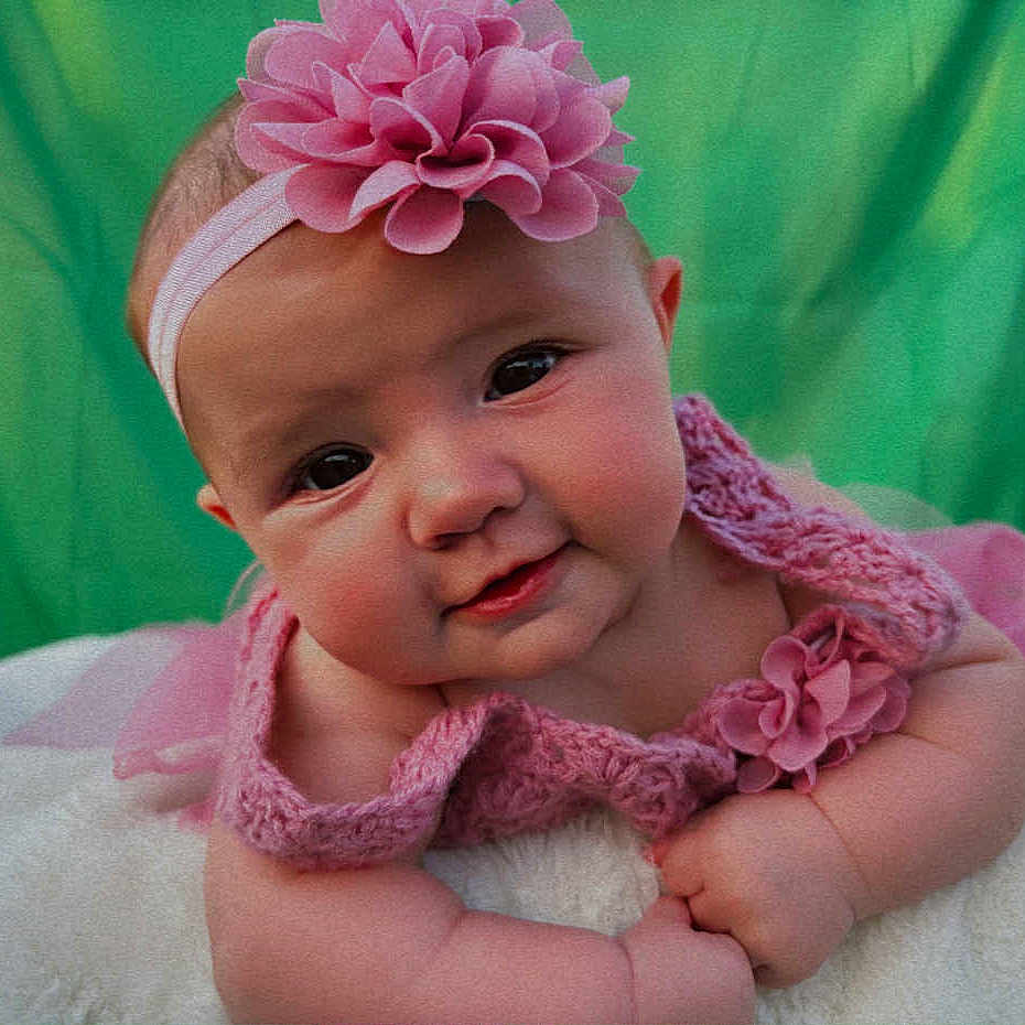 Madison is registered to the contest to win money with this photo: baby, blanket, child, chubby_cheeks, closeup, curious_expression, cute, flower, green_background, hands, headband, indoors, infant, knitted_clothing, pink, portrait, smiling, soft_texture, toddler, young