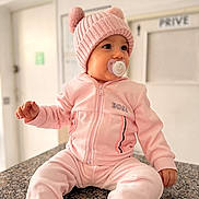 Mayana participe au concours pour gagner de l'argent avec cette photo : baby, pink, hat, pacifier, sitting, indoor, child, knit_hat, cozy, cute, granite_countertop, clothing, portrait, infant, soft_lighting, apparel, warm, young_child, face, expression