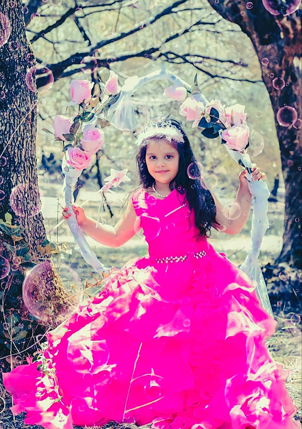 Soleyna participe au concours pour gagner de l'argent avec cette photo : blossom, costume, costume_design, dress, embellishment, event, fashion_design, formal_wear, gown, happy, headpiece, headwear, joy, magenta, pattern, people_in_nature, person, petal, pink, plant