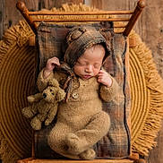 Colton is registered to the contest to win money with this photo: newborn, baby, sleeping, knitted_outfit, bear_ears, teddy_bear, miniature_bed, plaid_blanket, wooden_floor, fringed_rug, cozy, cute, infant, portrait, resting, soft_lighting, warm_tones, child, adorable, peaceful