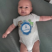 Levi is registered to the contest to win money with this photo: baby, infant, crib, onesie, smiling, lying_down, cartoon_animals, bed, blanket, cute, child, cute_baby, newborn, happy, person, sleeping_area, soft_light, cute_outfit, baby_clothes, two_months
