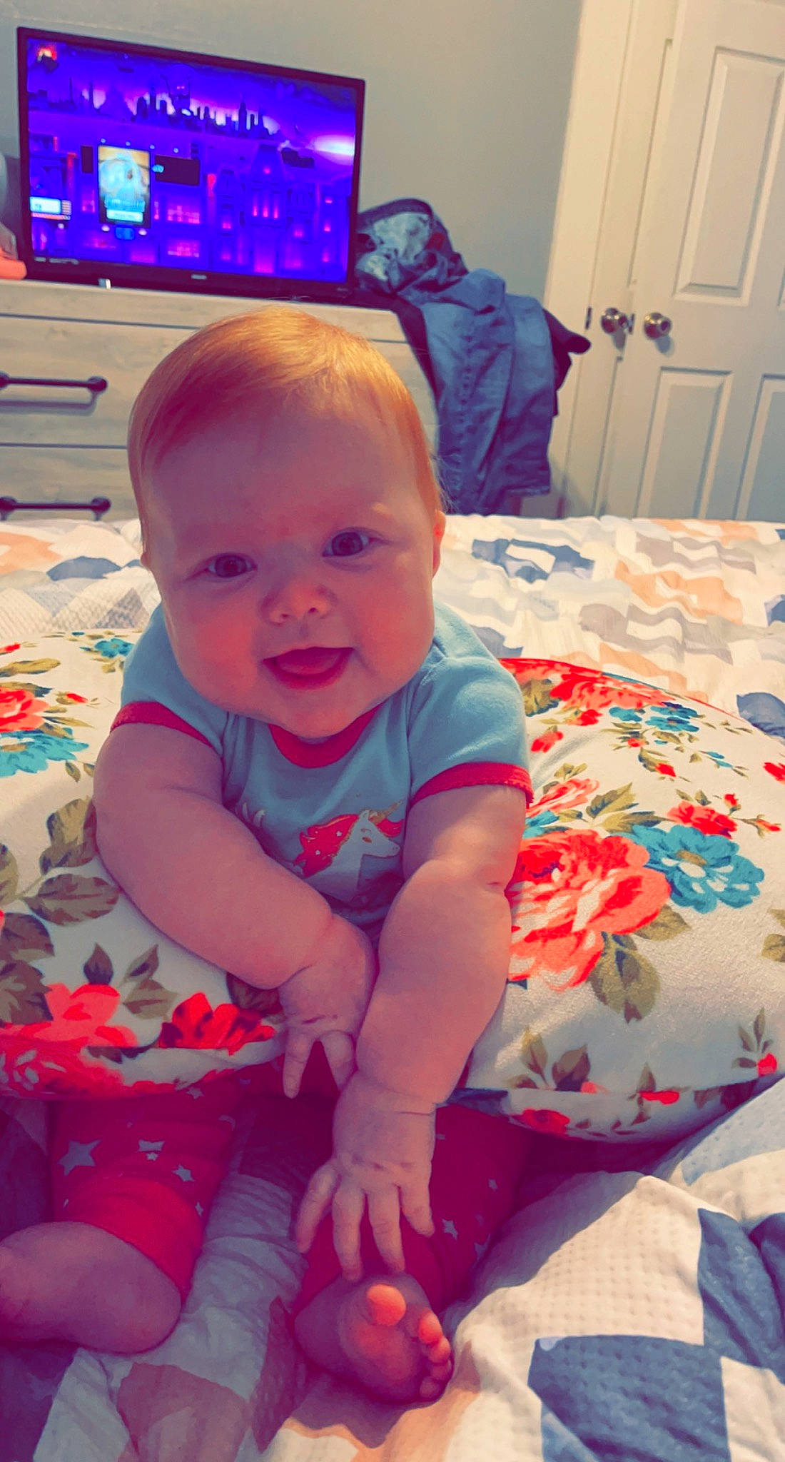 Bayleigh is registered to the contest to win money with this photo: baby, baby_toddler_clothing, blue, cheek, child, door, eye, face, finger, flooring, fun, happy, head, iris, mouth, person, pink, skin, smile, standing