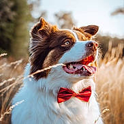 Maia participe au concours pour gagner de l'argent avec cette photo : animal, background_blur, bow_tie, canine, close_up, dog, ears, field, fluffy, fur, grass, happy, nature, outdoor, pet, portrait, smile, summer, sunlight, tongue