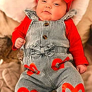 Mila joined the competition — help win amazing prizes! adorable, baby, casual, child, clothing, cozy, cute, denim_overalls, fashion, headwear, heart_pattern, indoors, infant, lying_down, pillow, portrait, red_bow, red_shirt, smiling, soft_texture