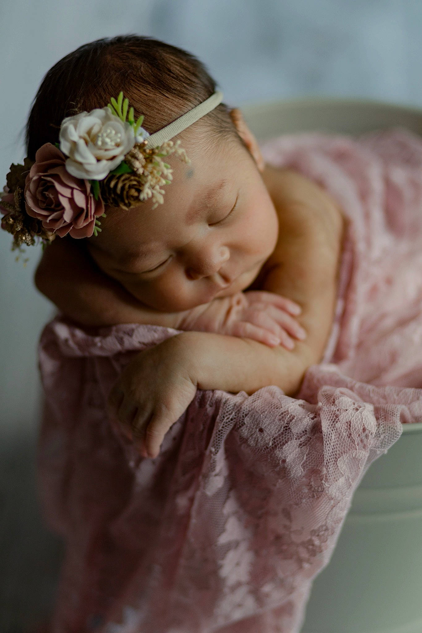 Kamilla is registered to the contest to win money with this photo: arm, baby, baby_toddler_clothing, chin, dress, embellishment, eye, flower, happy, headband, headgear, headpiece, iris, jewellery, lip, petal, pink, plant, skin, toddler