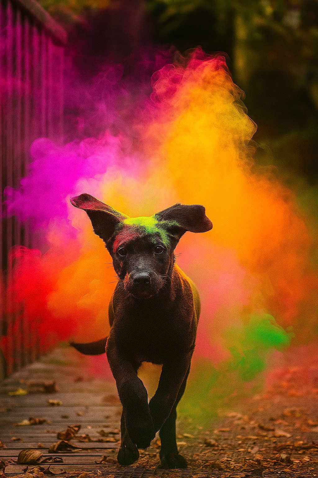 Rico participe au concours pour gagner de l'argent avec cette photo : dog, puppy, running, colorful_powder, outdoor, motion, playful, ears_flapping, black_dog, vibrant_colors, dust_cloud, nature, pathway, leaves, daylight, animal, energetic, fun, cute, portrait