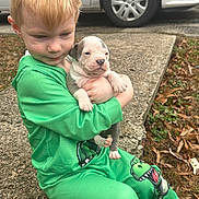 Jeremiah joined the competition — help win amazing prizes! child, puppy, green_pajamas, blond_hair, outdoor, concrete, car, toddler, cute, pet, grass, leaves, sidewalk, casual_clothing, sitting, holding, young_child, animal, nature, daylight