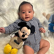 Andrew is registered to the contest to win money with this photo: baby, barefoot, checkered_outfit, child, closeup, happy, indoor, infant, mickey_mouse, milestone_card, monthly_milestone, photography, plush_toy, portrait, romper, sitting, smiling, stuffed_animal, white_rug, wide_eyed