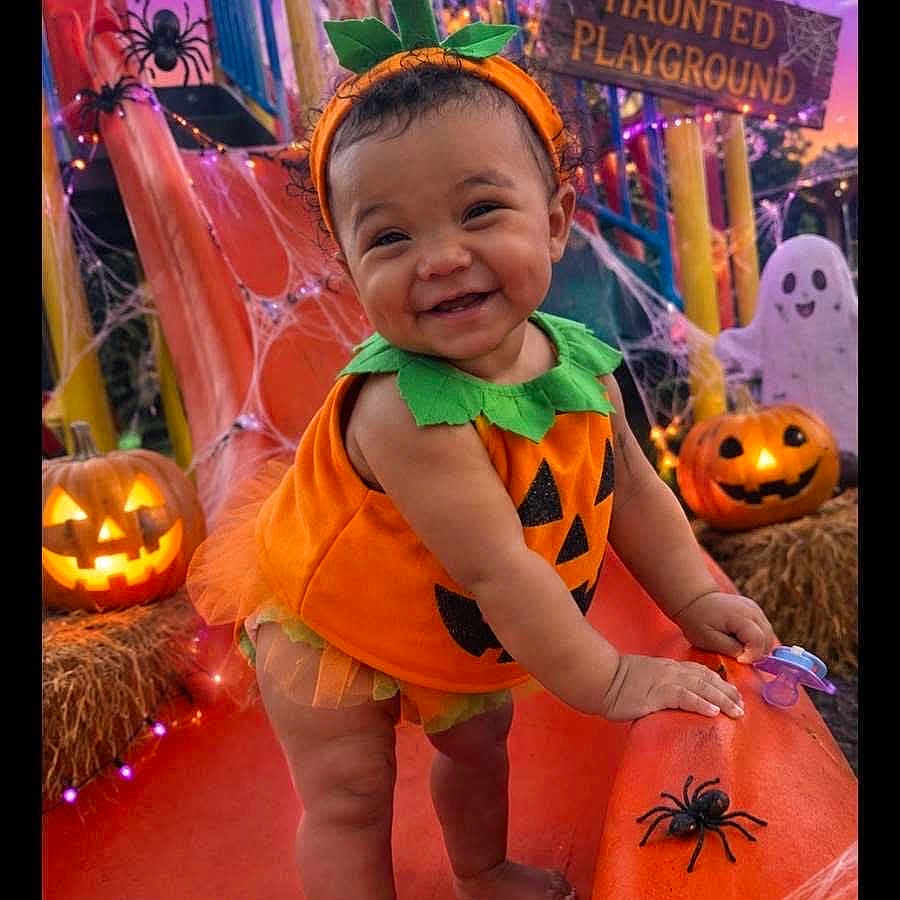 Cataleya is registered to the contest to win money with this photo: baby, child, pumpkin_costume, halloween, smiling, portrait, playground, haunted_playground, jack_o_lantern, ghost_decoration, spiderweb, spider, orange_costume, headband, infant, standing, outdoor, colorful, festive, amusement_park