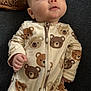 Beau is registered to the contest to win money with this photo: baby, infant, onesie, bear_pattern, clothing, cute, child, young, lying_down, blanket, fabric, texture, hand, face, expression, indoor, soft, comfort, package, curious