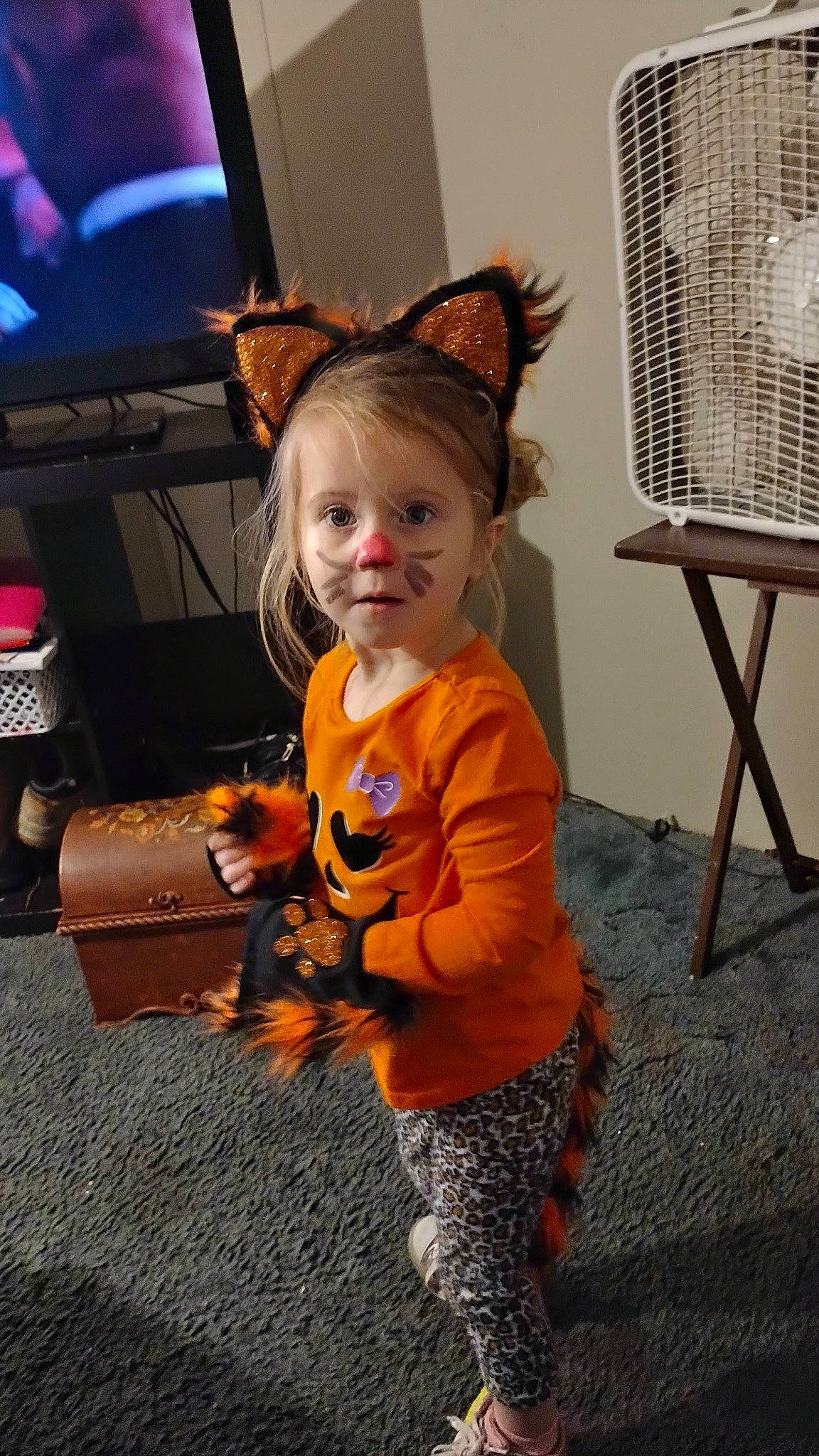 Amelia is registered to the contest to win money with this photo: baby, baby_toddler_clothing, child, costume, costume_hat, event, face, fashion_accessory, flooring, fun, happy, led_backlit_lcd_display, pattern, person, sitting, sleeve, smile, standing, television, toddler