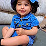 Jazleen is registered to the contest to win money with this photo: toddler, child, denim, hat, smiling, indoor, carpet, sitting, pointing, cute, happy, clothing, person, face, young_child, living_room, furniture, casual, portrait, baby