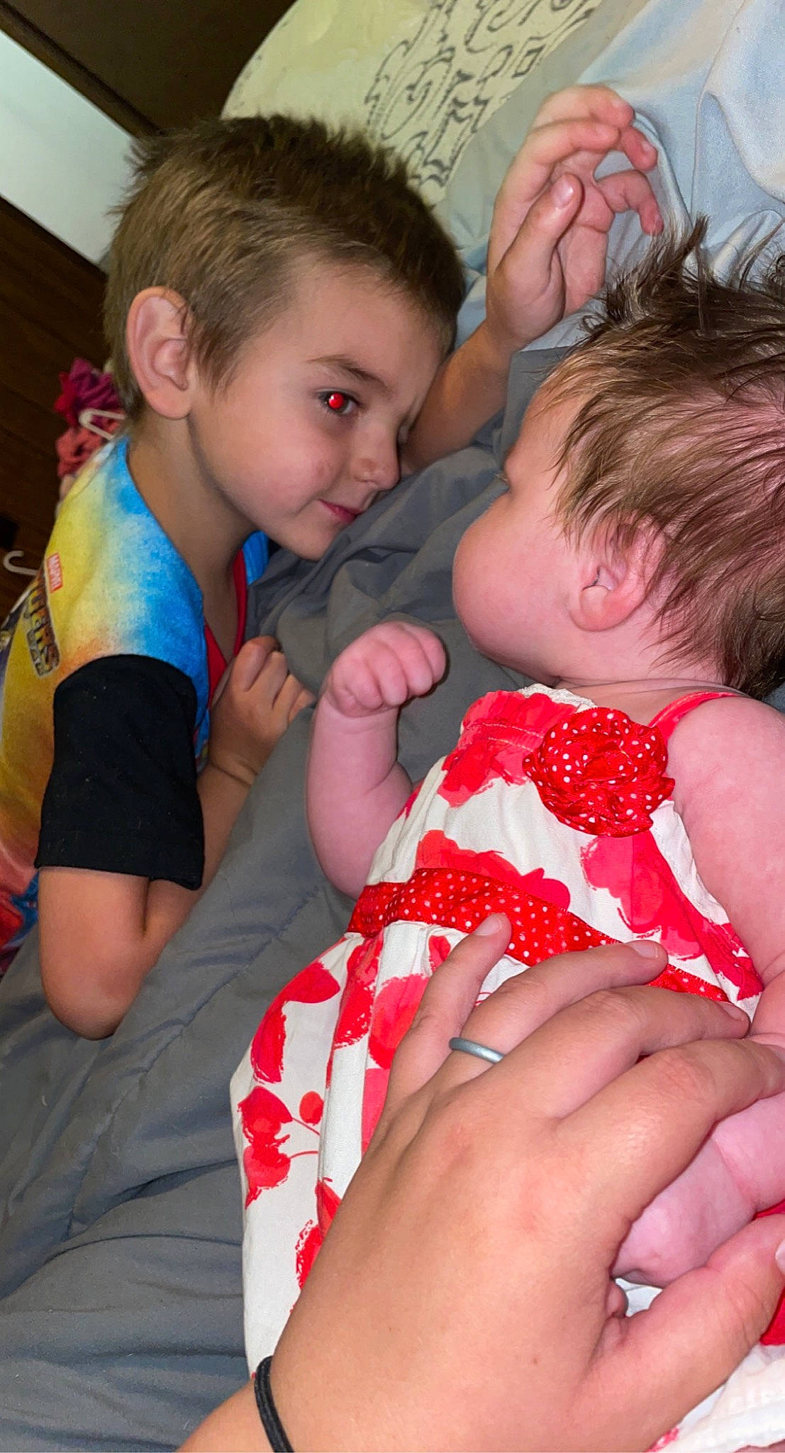 Bryson joined the competition — help win amazing prizes! arm, baby_toddler_clothing, child, comfort, event, finger, fun, gesture, hand, happy, interaction, mouth, nail, person, red, sharing, shoulder, skin, t_shirt, thumb