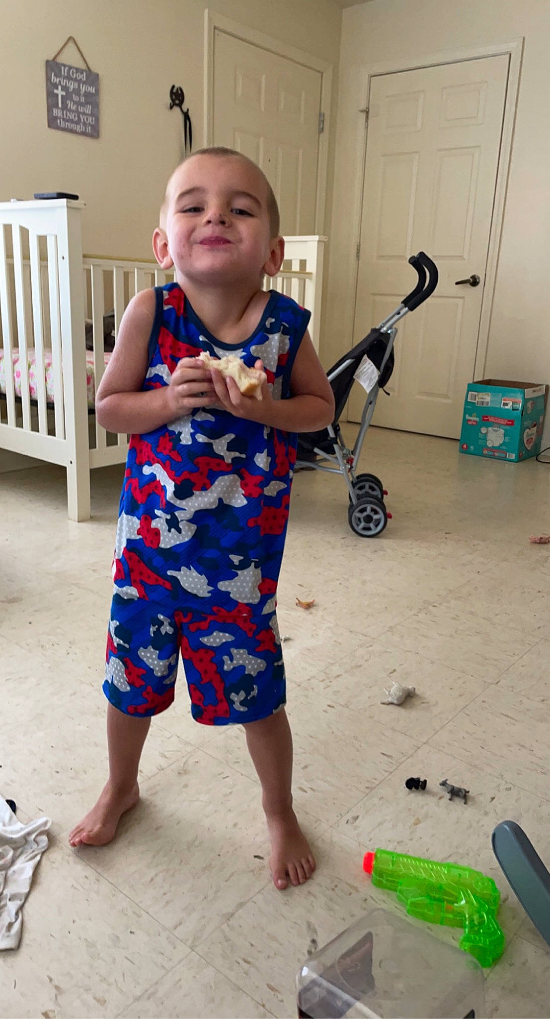 Bryson joined the competition — help win amazing prizes! baby, baby_toddler_clothing, barefoot, child, electric_blue, floor, flooring, foot, fun, happy, household_supply, human_leg, joy, pattern, person, play, sleeve, smile, t_shirt, thumb