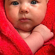 Isadora joined the competition — help win amazing prizes! baby, infant, face, eyes, red_towel, skin, hand, portrait, cute, newborn, child, wrapped, soft, expression, closeup, person, indoors, warm, young, adorable
