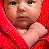 baby, infant, face, eyes, red_towel, skin, hand, portrait, cute, newborn, child, wrapped, soft, expression, closeup, person, indoors, warm, young, adorable