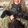 person, cat, black_cat, green_eyes, furry, smiling, holding, indoor, kitchen, light_fixture, blonde_hair, cozy, sweater, happy, pet, cute, domestic_animal, portrait, feline, fur