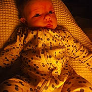 Nova is registered to the contest to win money with this photo: baby, infant, onesie, polka_dot, blanket, warm_light, dim_light, face, eyes, expression, sleepwear, indoors, person, cute, newborn, cozy, soft_texture, portrait, child, night