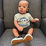 baby, boy, child, infant, armchair, gray, clothing, shirt, shoes, face, expression, sitting, furniture, indoors, cute, portrait, person, feet, happy, small