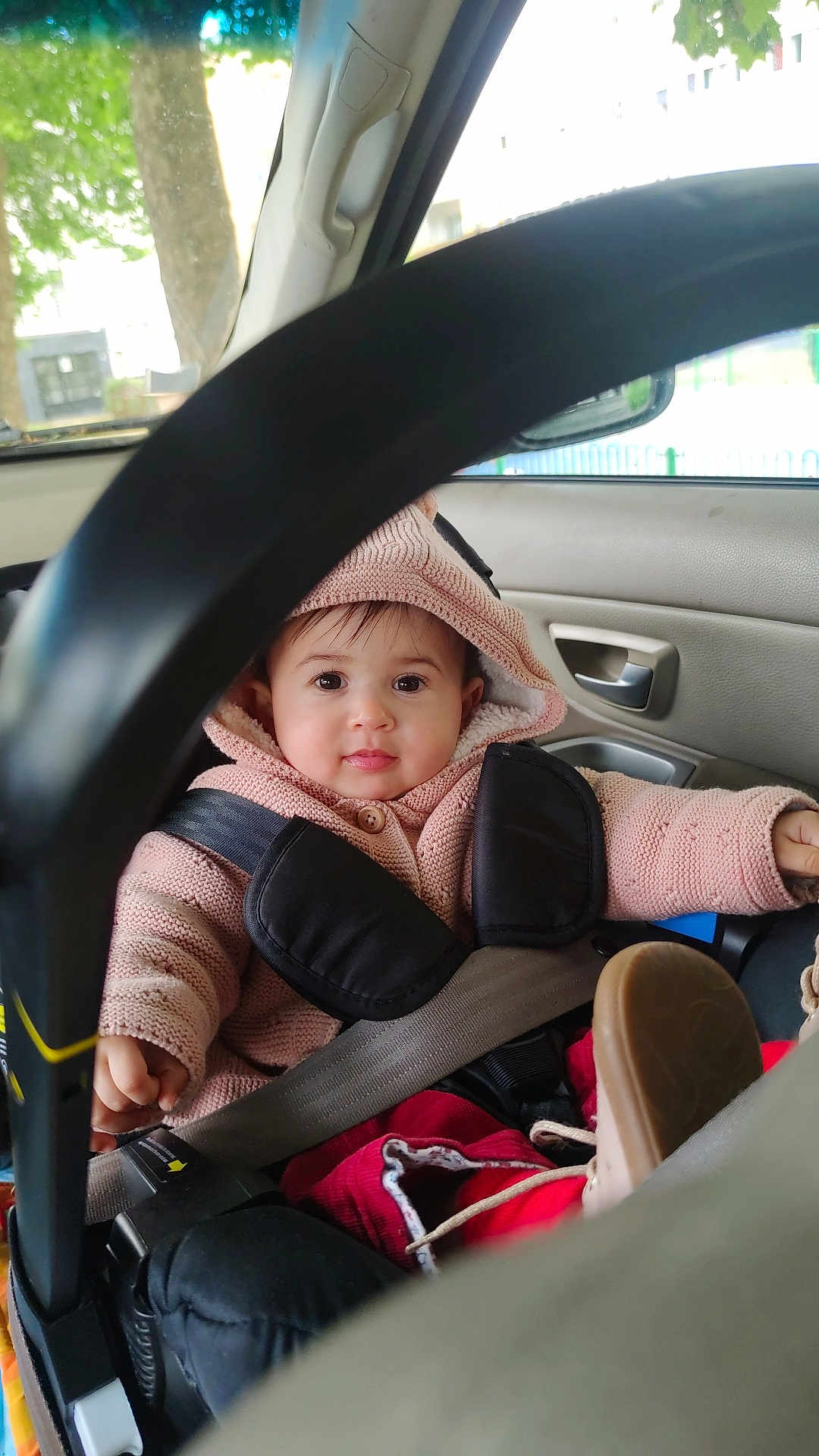 Jurine participe au concours pour gagner de l'argent avec cette photo : baby, child, car_seat, seat_belt, hoodie, pink_clothing, car_interior, steering_wheel, cute, infant, safety, seatbelt, window, tree, door_handle, clothing, person, portrait, face, young_child