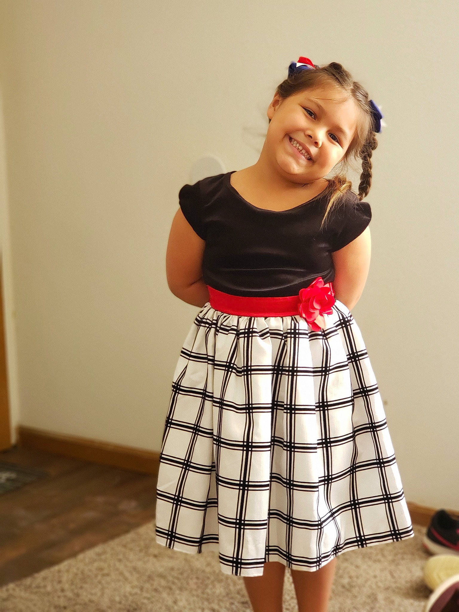 Ally joined the competition — help win amazing prizes! abdomen, child, child_model, clothing, day_dress, design, dress, fashion, joy, pattern, person, photography, plaid, shoulder, smile, tartan, textile, toddler, vintage_clothing, waist