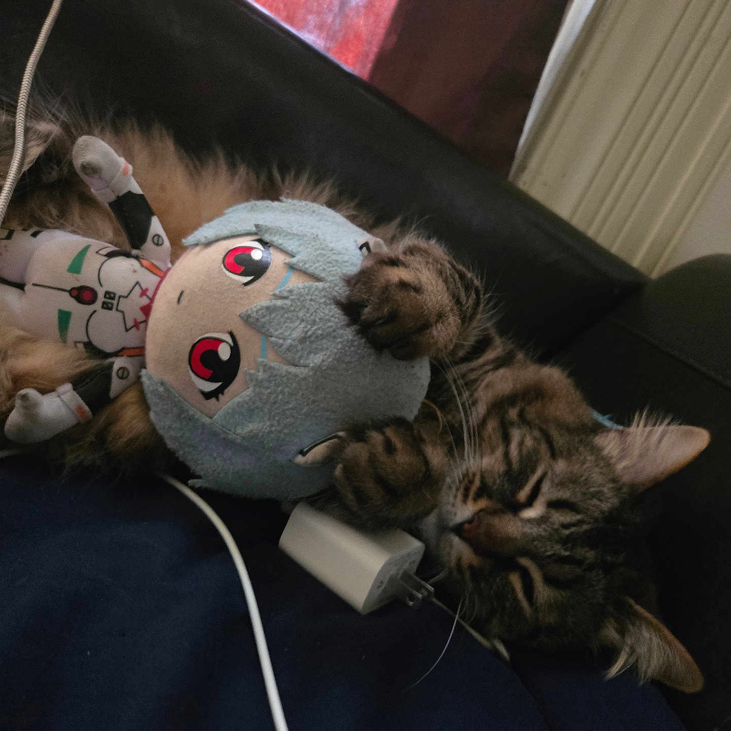 Sonny joined the competition — help win amazing prizes! cat, plush_doll, couch, tabby, sleeping, indoor, toy, charger, cable, cozy, fur, resting, animal, pet, closeup, furniture, cute, relaxed, soft, lying_down