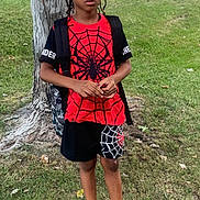 Torrence joined the competition — help win amazing prizes! backpack, black_shoes, boy, building, casual, child, daytime, grass, nature, outdoor, person, shorts, spider_man, standing, street, suburban, tree, tshirt, vehicle, young