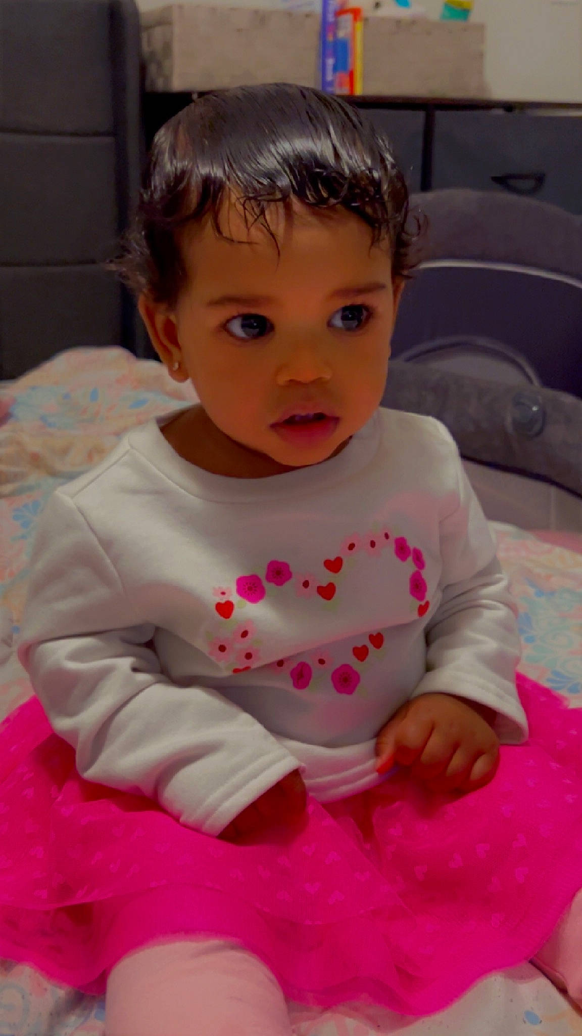 Aubrei joined the competition — help win amazing prizes! baby, baby_toddler_clothing, beauty, cheek, child, eye, flooring, fun, hair, hairstyle, head, lip, mouth, person, pink, product, sitting, skin, sleeve, t_shirt