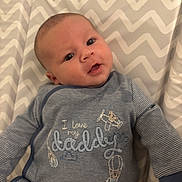 Louie-George is registered to the contest to win money with this photo: baby, infant, blue_clothing, striped_clothing, text_on_clothing, face, head, eyes, mouth, cheeks, cushion, zigzag_pattern, soft_fabric, cute, lying_down, indoors, child, young_baby, smiling, person