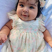 Rubi joined the competition — help win amazing prizes! baby, infant, child, face, smile, flower_headband, dress, floral_pattern, cute, soft_blanket, chubby_cheeks, portrait, closeup, happy, adorable, young_child, skin, hand, eyes, person