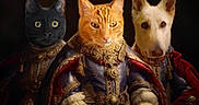 Tom is registered to the contest to win money with this photo: cat, dog, black_cat, orange_tabby, white_dog, pets, animals, portrait, royal, costume, ornate_clothing, cape, velvet, historical, dramatic_lighting, dark_background, formal_pose, regal, funny, fantasy