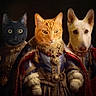 cat, dog, black_cat, orange_tabby, white_dog, pets, animals, portrait, royal, costume, ornate_clothing, cape, velvet, historical, dramatic_lighting, dark_background, formal_pose, regal, funny, fantasy