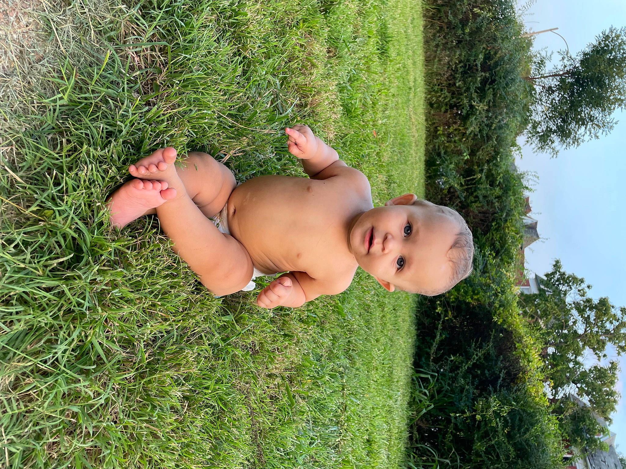Karter is registered to the contest to win money with this photo: abdomen, baby, barechested, chest, fun, grass, happy, human_leg, lawn, leisure, navel, people_in_nature, person, plant, sky, summer, swimwear, thigh, toddler, tree
