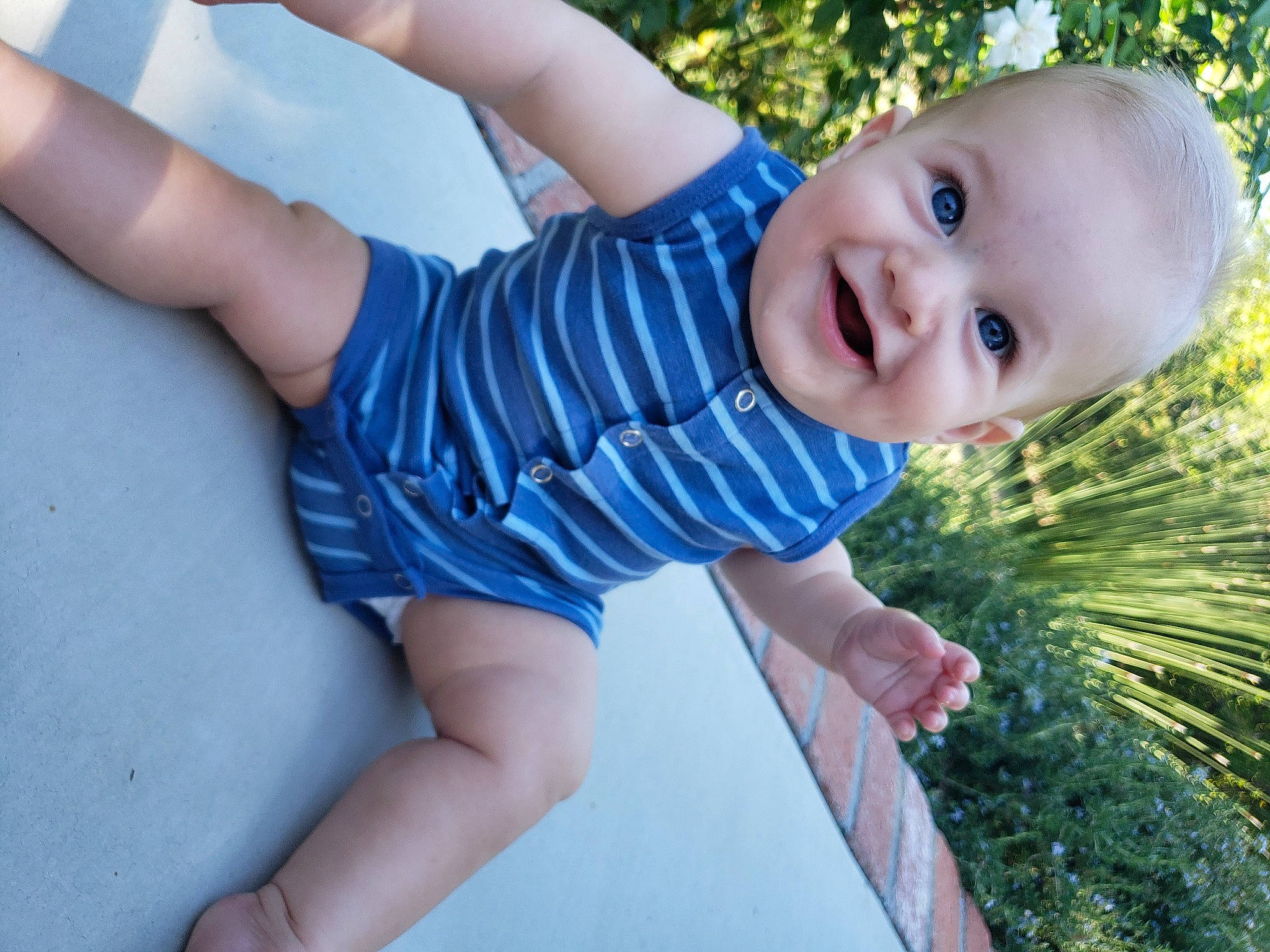 Tanner is registered to the contest to win money with this photo: baby, baby_laughing, baby_toddler_clothing, blue, child, electric_blue, grass, happy, human_body, human_leg, leisure, pattern, people_in_nature, person, plant, skin, smile, summer, thigh, toddler
