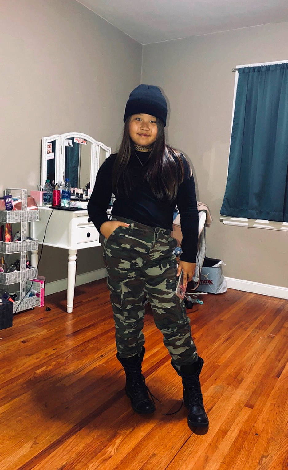 Nevaeh is registered to the contest to win money with this photo: camouflage, clothing, design, footwear, headwear, joint, joy, leg, military_camouflage, military_uniform, pattern, person, riding_boot, trousers, uniform, waist