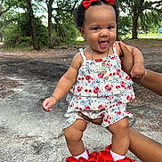 Myla joined the competition — help win amazing prizes! baby, child, smiling, outdoor, trees, nature, greenery, person, red_bow, floral_dress, socks, holding_hand, cute, happy, portrait, grass, sunlight, jewelry, infant, playful