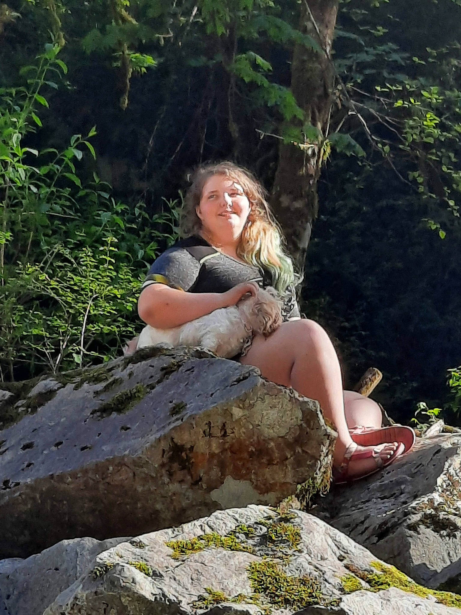 Keira is registered to the contest to win money with this photo: bedrock, black_hair, blond, fawn, flash_photography, foot, forest, grass, human_leg, joy, knee, landscape, leg, leisure, long_hair, outcrop, people_in_nature, person, plant, thigh