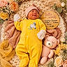 newborn, baby, sleeping, portrait, yellow_outfit, onesie, bonnet, mittens, teddy_bear, flowers, roses, dried_flowers, floral_arrangement, knitted_blanket, basket, wooden_sign, birth_announcement, nursery, cozy, infant